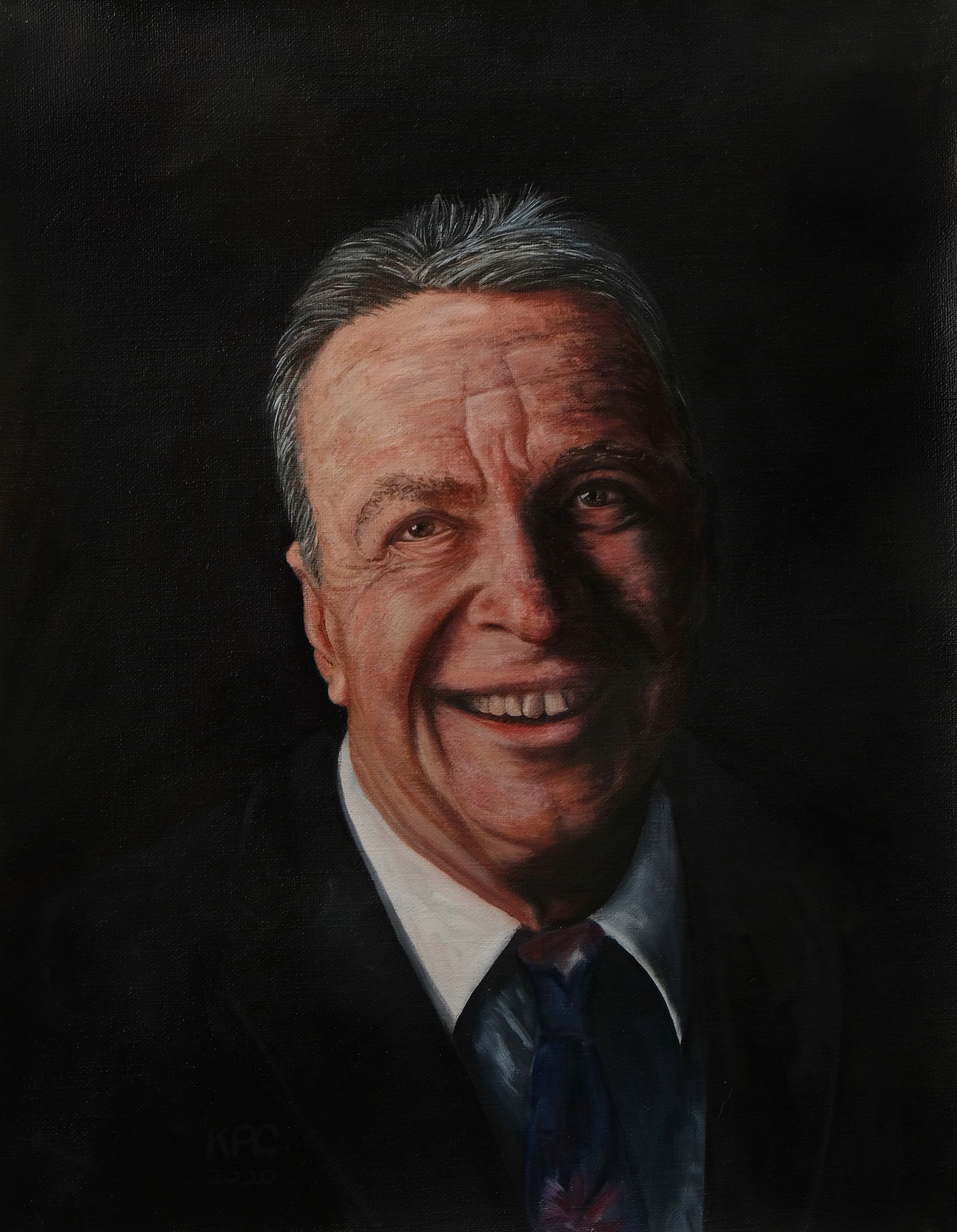 A painting of a man looking straight at the viewer smiling wearing a jacket, collard shirt and tie. 