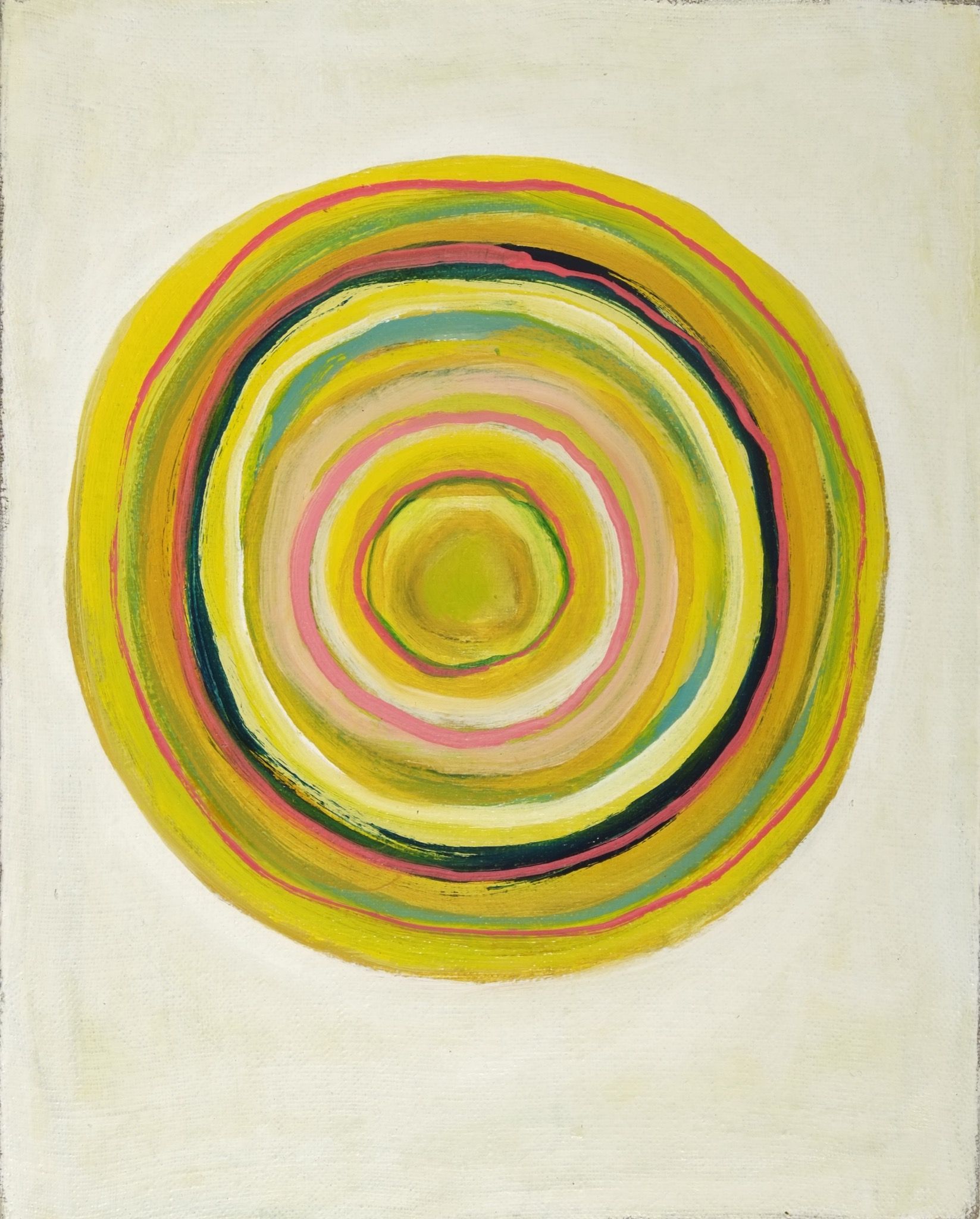 A painting of concentric yellow, green and pink circles on a white background.