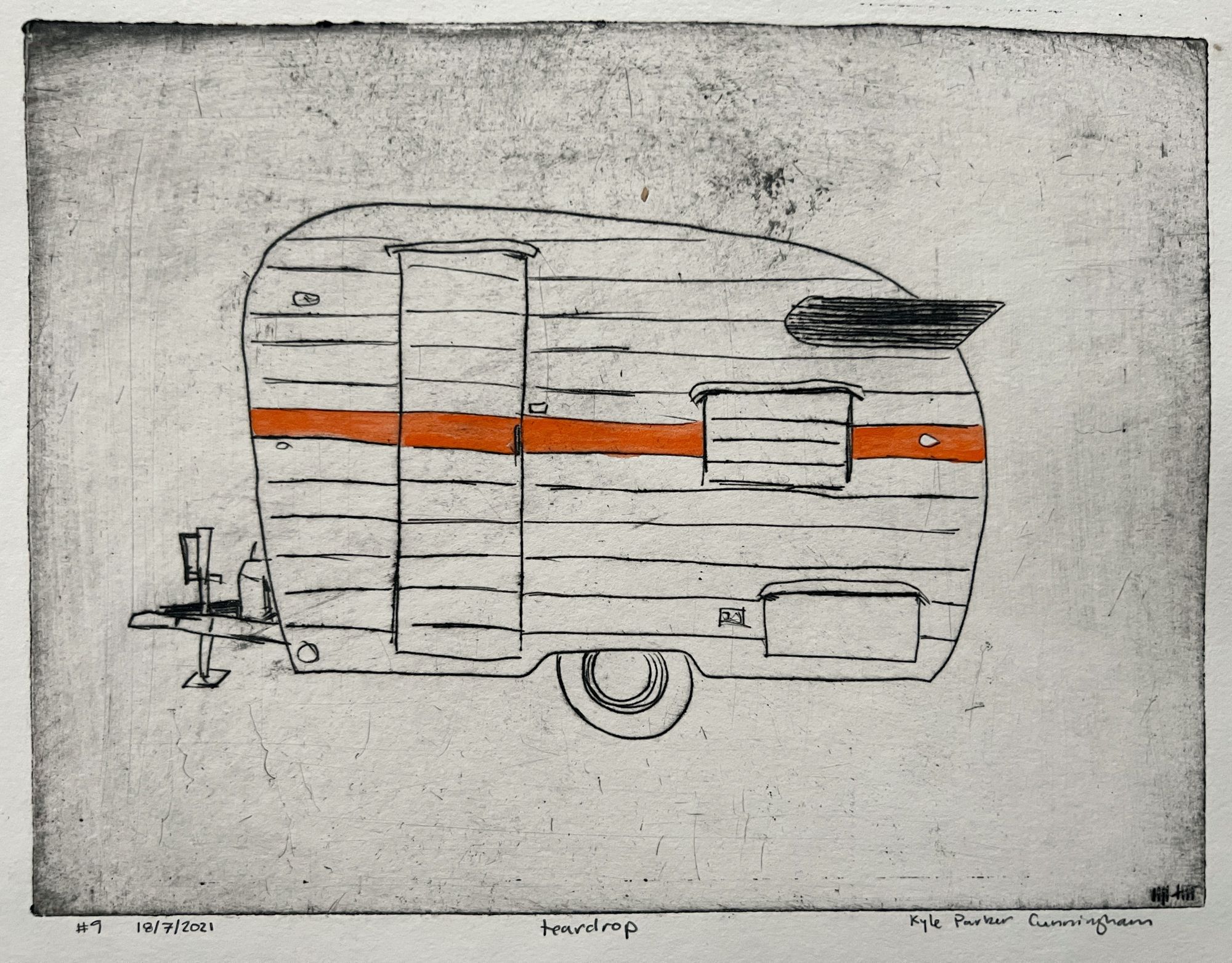 A teardrop trailer with an orange stripe is depicted in this print. 