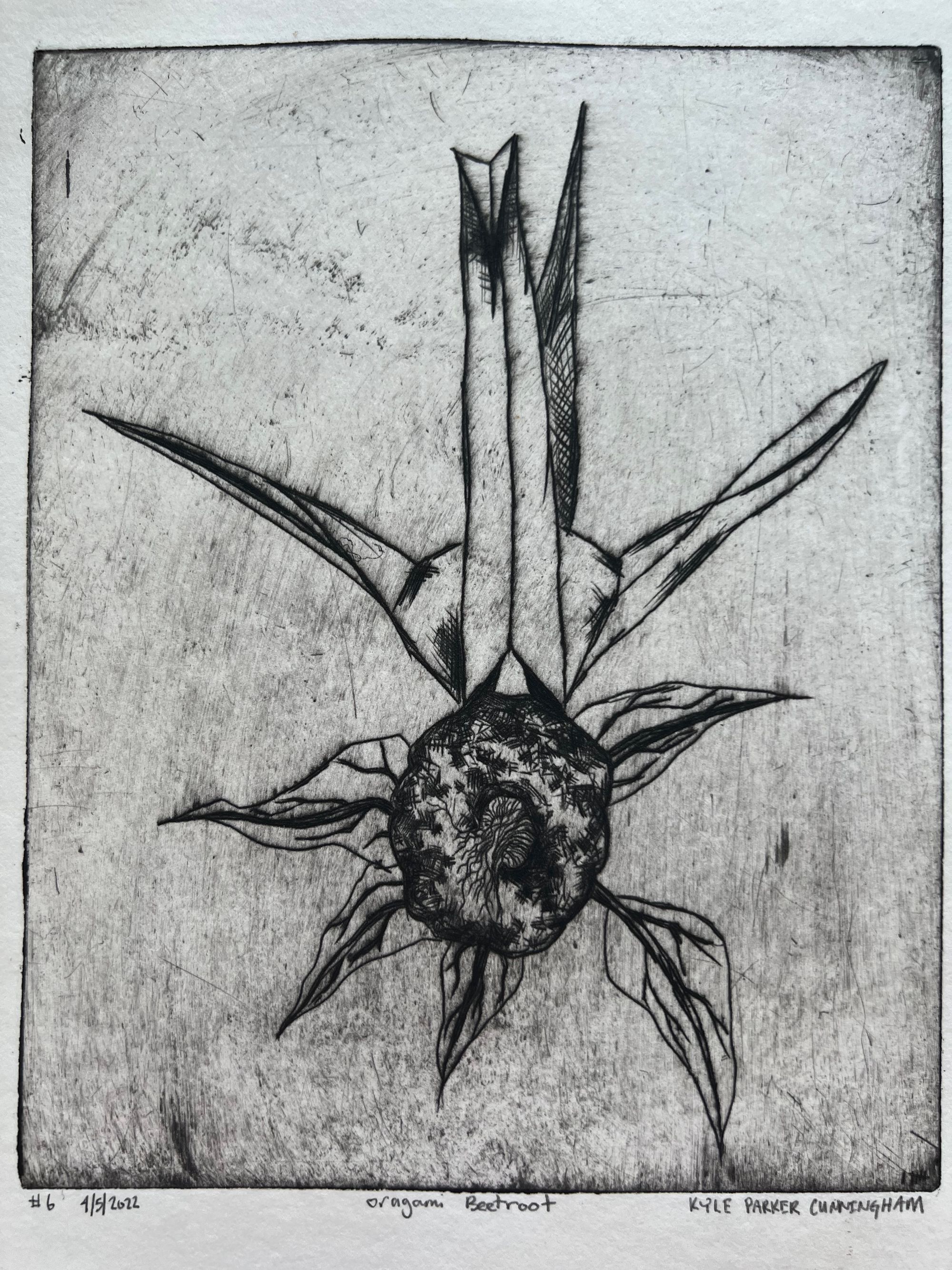 A origami crane carries a beetroot flying head on at the viewer in this black and white intaglio print.