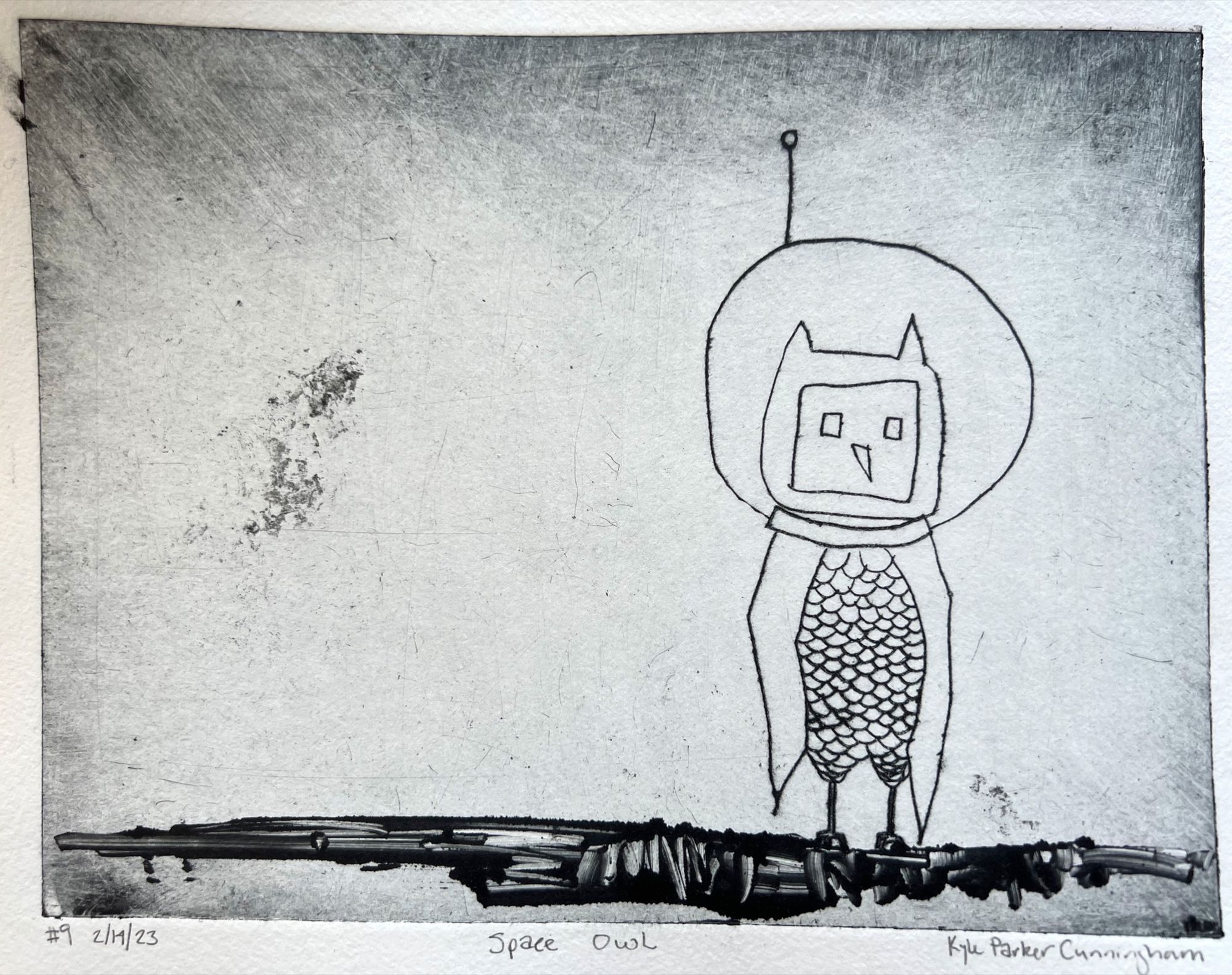 A line drawing of an owl with a spherical helmet around his head upon which an antenna protrudes.