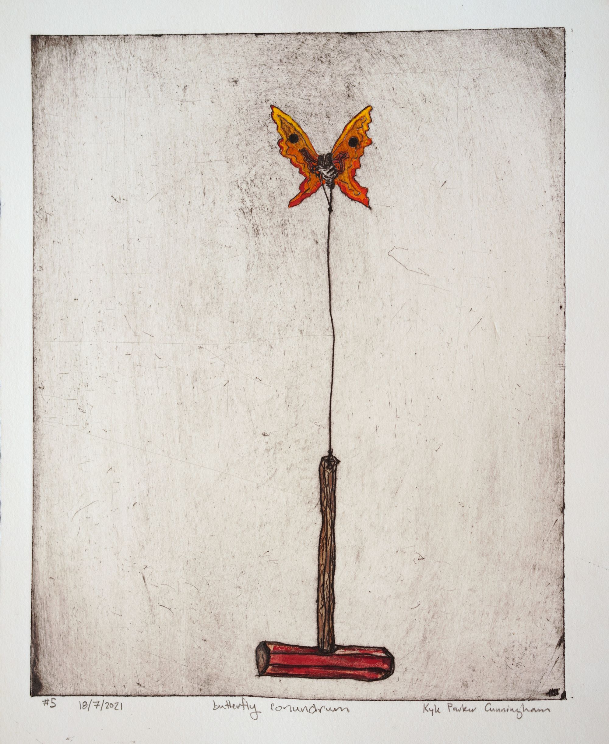 A print of a large red hammer being carried by an orange butterfly.