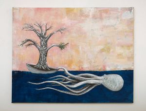 A painting of an octopus towing a coracle with a tree in it. 
