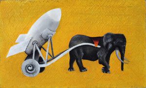 A yellow painting of an black and white elephant pulling a rocket trailer.  