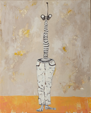 A painting in greys and orage of a pair of legs in pants with a butriodal spine and two lens for eyes.