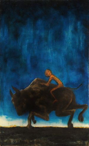 A painting of a orange being riding a bison at sunset. 