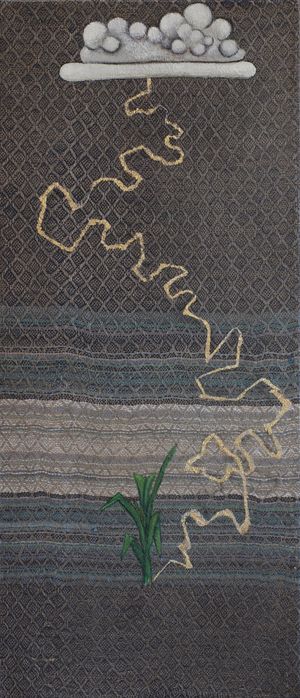 A painting of a lightening bolt arcing from a cloud to a corn plant.
