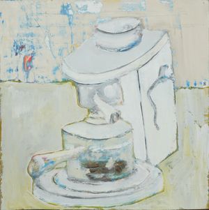 A painting of a white espress coffee maker on a white background. 
