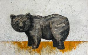 A painting of a bear standing sideways looking straight at the viewer with a white background and ochre ground.