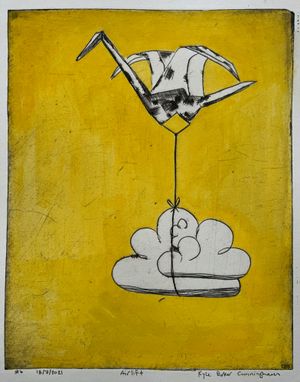 A print showing a paper crane carring by string a cloud. The print is black and white with a solid yellow negative space.