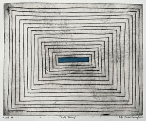 A print of thing lined concentric black rectangles with the very center rectangle painted blue