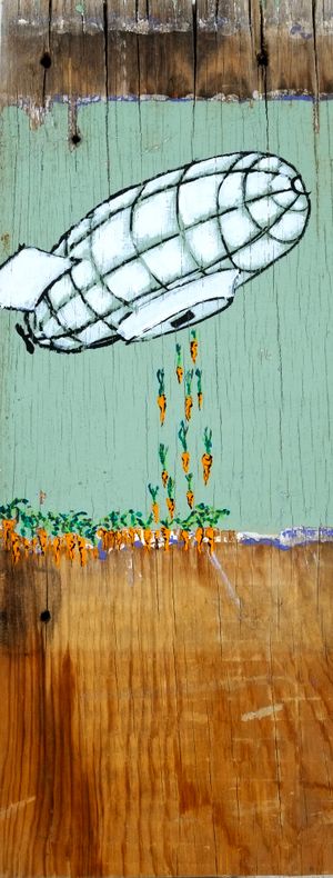 A painting on found wood of a blimb dropping carrots into the ground to be planted.