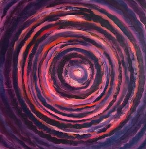 A painting of pink and puble concentric circes field the whole canvas to a point in the center.