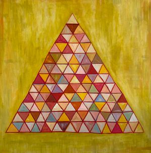 A painting of a large triangle divided into triangles in shades of red, yellow, and blues on a yellow background.  
