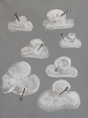 A painting of seven clouds pinned to a grew background.