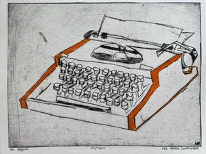 A intaglio print of a typewritter with sketched outline lines and orange strip sides. 