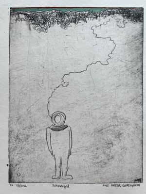 A print with sketchy black lines on an irregular background of a human figure wearing a helmet standing under the ocean.