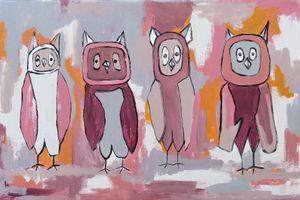 A painting of four pink and grey owls each possessing its own distinct personality. 