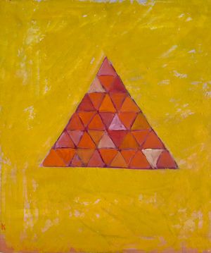 A painting of an orange triangle subdivided by more triangles floating on a yellow background. 