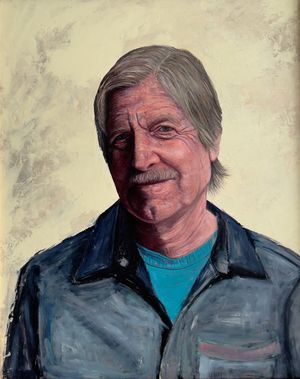 A oil painting portrait of a older gentleman in a blue shirt looking straight at the viewer. 