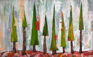 A painting of abstracted pine trees in green burning with orange fire and a smokey background.