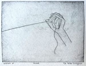 Line work describes an angular hand on the right pulling a string emerging from the left vertical edge of the print.