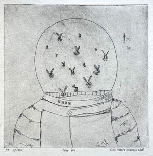 An artwork created from black and white lines of an astronauts space suit with bees flying in the helmet.