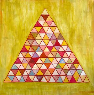 A painting of a large triangle divided into triangles in shades of red, yellow, and blues on a yellow background.