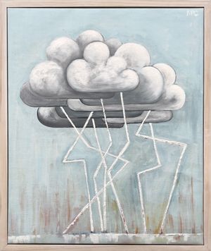 A paintings of clouds stacked on top of each other emitting seven lightning bolts.