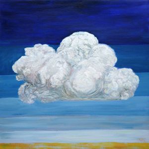 A single idealized cloud painted on a striped sky blue background.