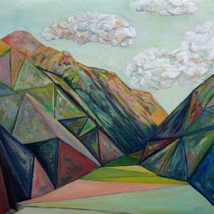 a painting of a valley lit by alpenglow. The mountains are transformed into triangular shapes in parts. 