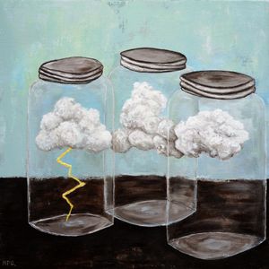 a panting of three mason type jars with clouds in them. one of the clouds has a lightning bolt emerging from it. 