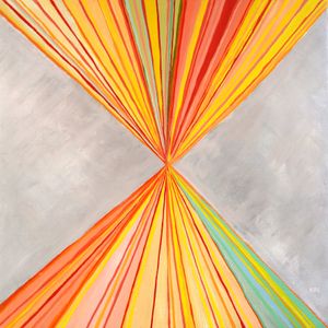 a painting of two yellow, orange, red, green and blue striped triangles inverted meeting in the center of the canvas. 