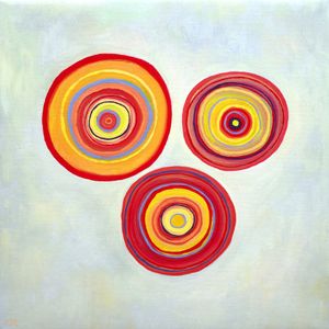 a painting with a light background and three yellow and cirlces arranged in a triangle. 