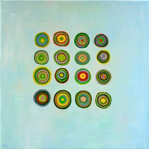 a painting of 16 yellow and green circles clustered in a 4 x 4 grid on a blue/green field.