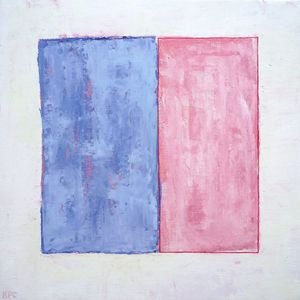 A painting of a square divided unevenly into two rectables. the left is blue and slightly larger, the right is pink.