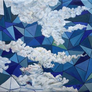 a painting of clouds floating above a sky disected into shades of blue triangular forms.