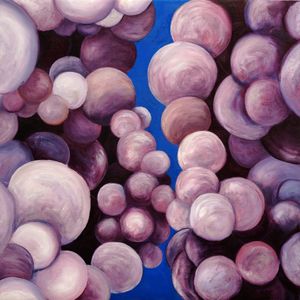 an abstract painting of purble clouds bubbly with a blue river of sky parting them in the middle