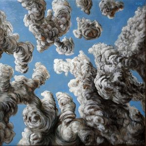 a painting of clouds looking straightup admiring their foreshorting as they tower towards the sky