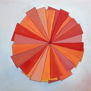 a painting of a circle composed from triangluar wedges in yellow and reds. 