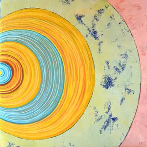 a painting expanding from the left ot right in arcs of color:blue, yellow, blue, yellow, green, pink.