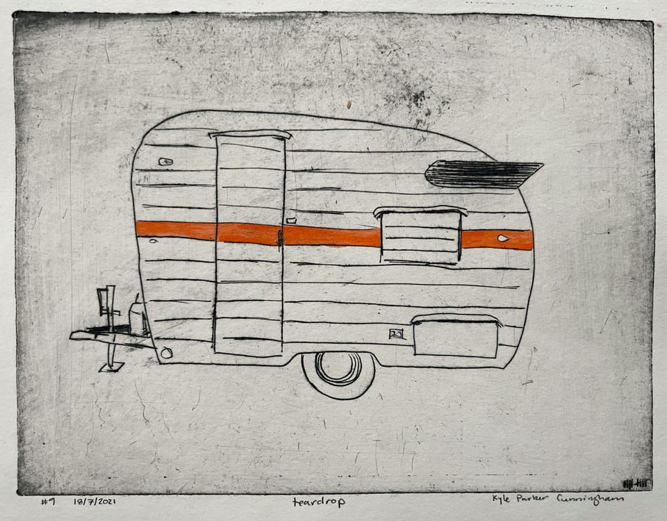 Drypoint intaglio print of a vintage teardrop camper trailer in profile, with black linework showing horizontal siding, a door, window, and tail fin, accented by a bold orange-red stripe across the middle.