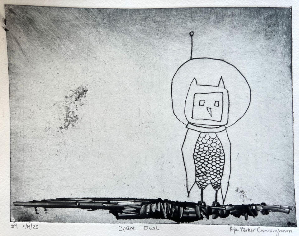Intaglio drypoint print of a whimsical owl wearing a round space helmet with an antenna, its body covered in feathery scales, standing on a dark branch against a scratched gray background on handtorn paper.