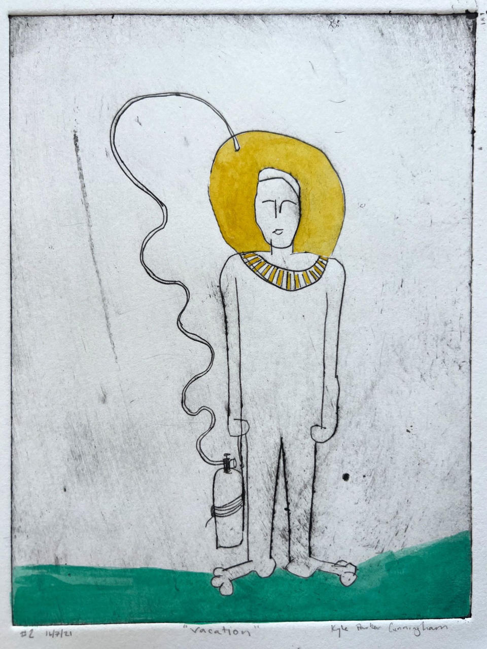 Wider view of the Vacation drypoint print on handtorn paper showing the full composition of the helmeted figure with oxygen tank against a pale background and teal-green painted ground.