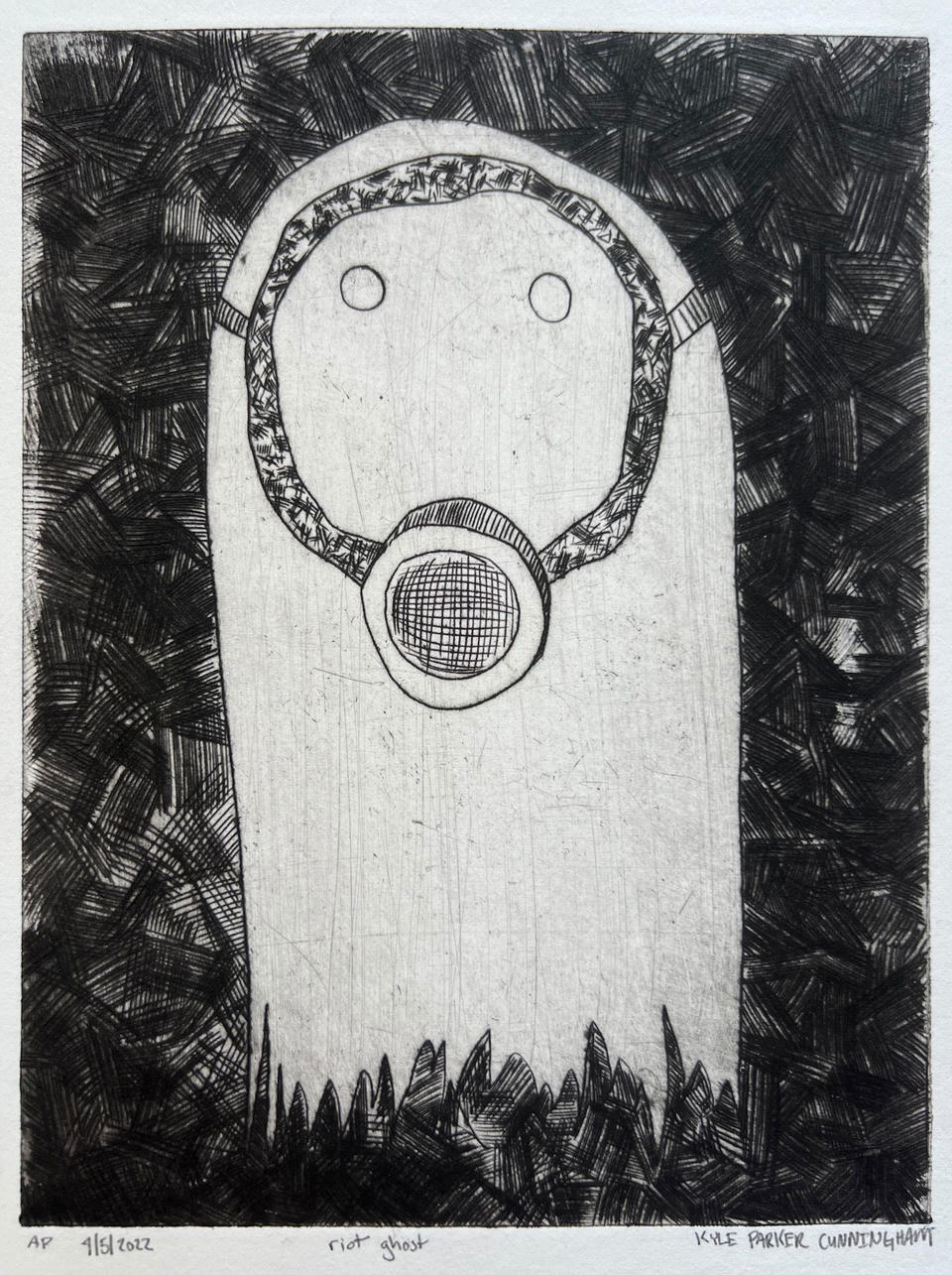 Full view of the Riot Ghost drypoint print showing the ghost figure with gas mask emerging from jagged grass-like forms at the bottom, surrounded by heavily crosshatched black background, with artist signature and edition notes in pencil below the plate mark.