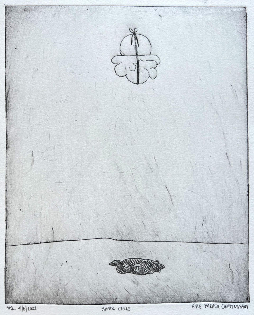 Alternate print of Shade Cloud showing subtle tonal variation in the gray plate tone, with the floating cloud form above and the small cross-hatched creature emerging below the horizon.