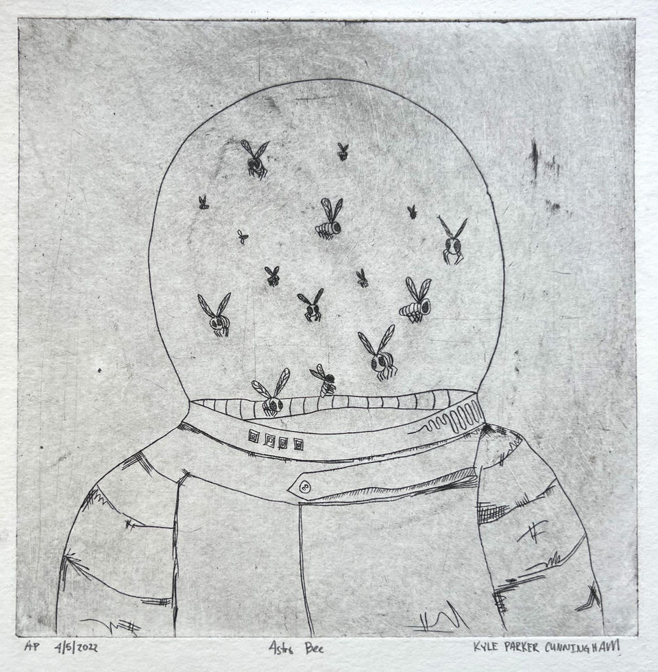 Alternate print of the astronaut with bees inside the helmet, showing slightly different ink density and plate tone across the spacesuit and visor details.