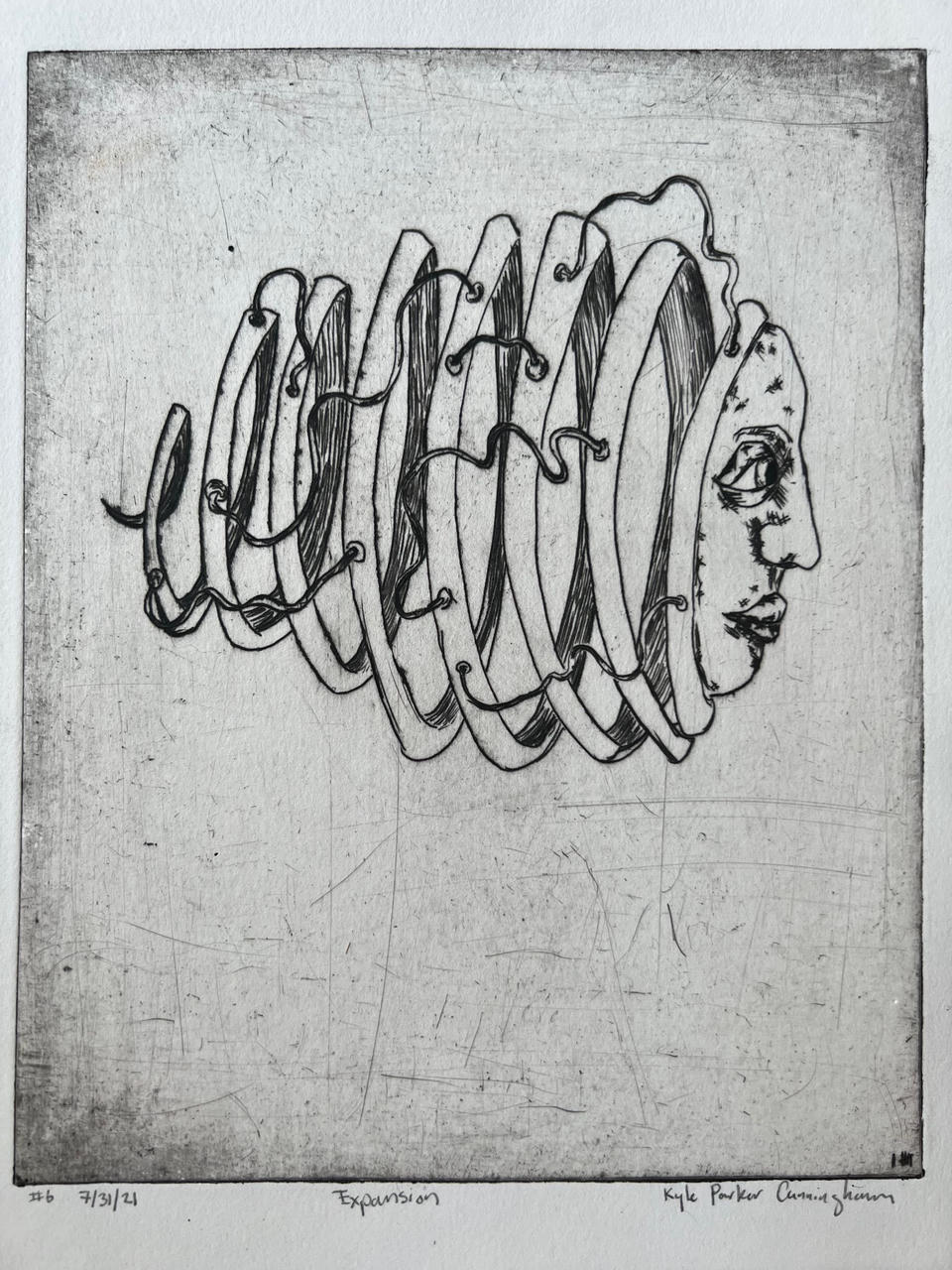 Drypoint intaglio print of a surreal face in profile with the head sliced into accordion-like vertical segments that fan outward, rendered in black ink on Rives BFK paper with visible plate tone.
