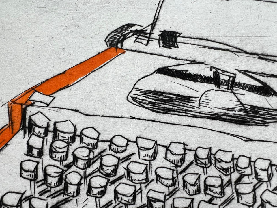 Close-up detail of the Olympus typewriter drypoint print, focusing on the round keys and platen mechanism with visible orange hand-coloring along the typewriter's frame edge.
