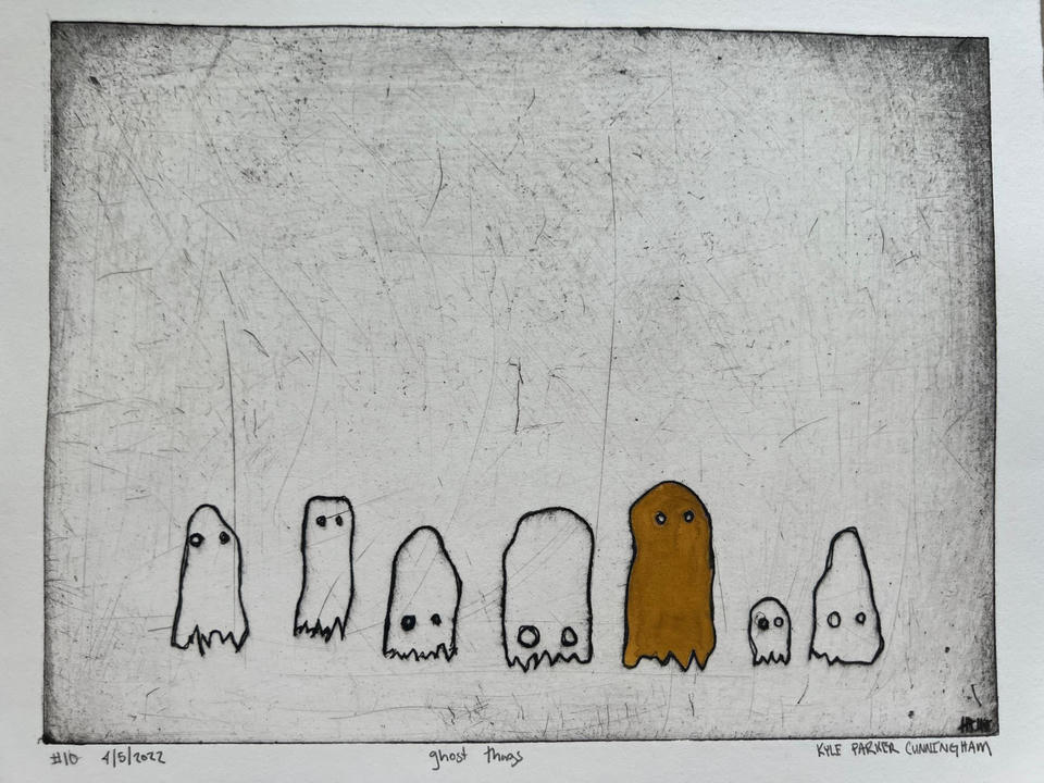 Intaglio drypoint print of seven small ghost figures lined up in a row along the bottom of the composition, each with unique expressions and shapes, one filled in with golden ochre hand-coloring standing out among the black-and-white others.